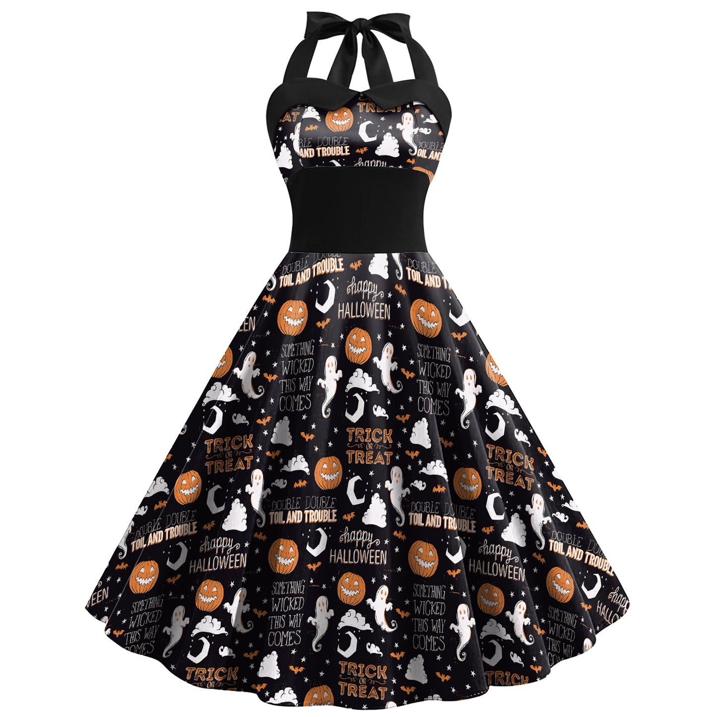 Skulls, Spider Web, Halloween Printed Women's High Waist Strap Dress