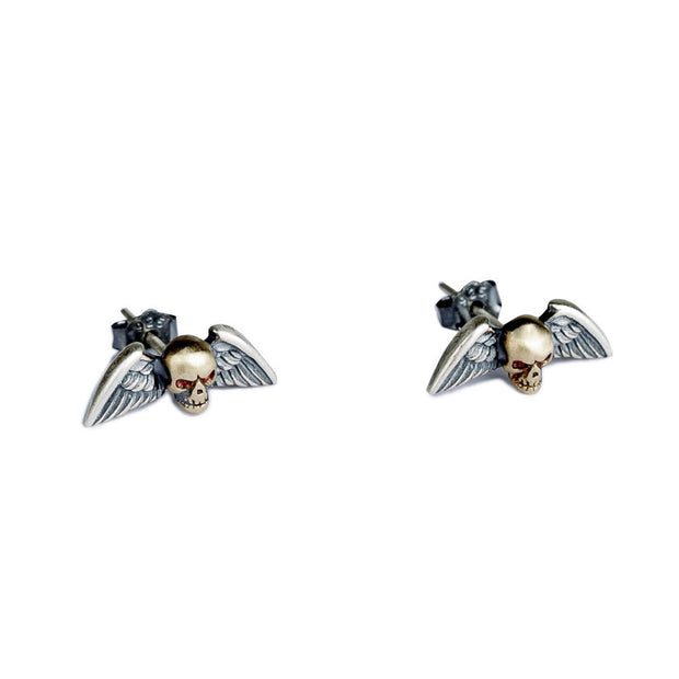 S925 Sterling Silver Retro Punk Skull Winged Stud Earrings