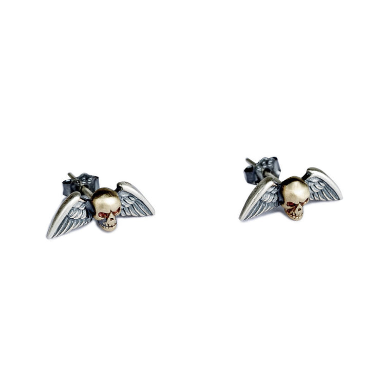 S925 Sterling Silver Retro Punk Skull Winged Stud Earrings