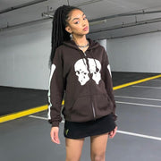 Brown Double Skull Print Hooded Sweater