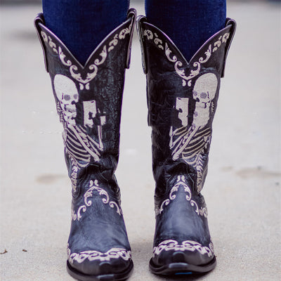 Skull Tall Pointed Toe Chunky Mid Heel Cowboy Boots