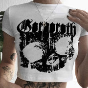 Vintage Short Sleeve T-shirt 90s Gothic Harajuku Print Pattern Crop top Skeleton Skull  Female Top