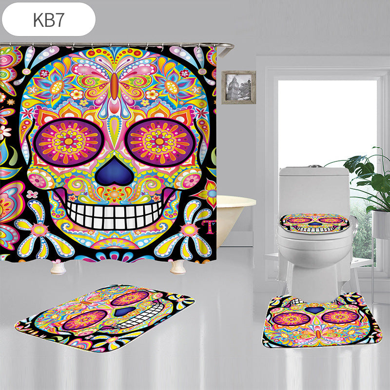 Skulls Digitally Printed Shower Curtain, Commode seat Cover & Non-slip Mat * 19 Styles