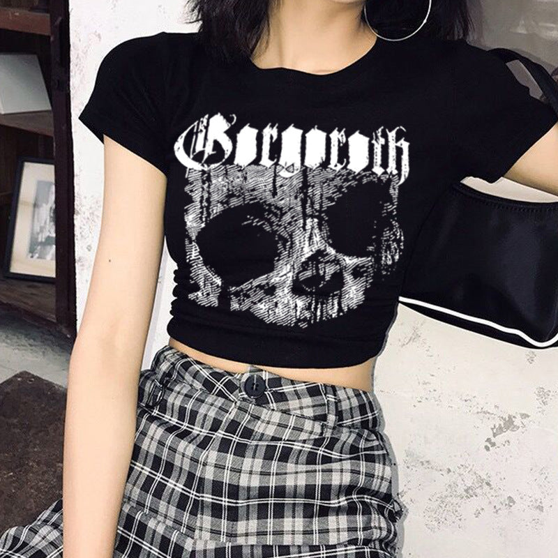 Vintage Short Sleeve T-shirt 90s Gothic Harajuku Print Pattern Crop top Skeleton Skull  Female Top