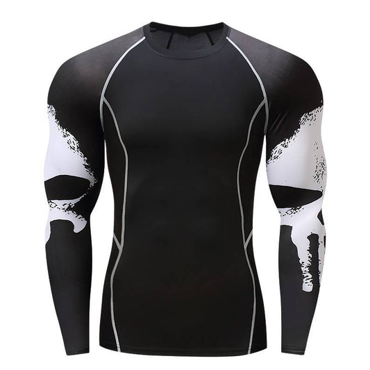 Skull Print Long Sleeve Men's Punishing Workout Clothes with Stretch Quick Drying Clothes for Basketball, Bike Riding, Running Suit. With a Round Neck, it's a Tight form-fitted shirt