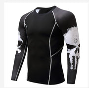 Skull Print Long Sleeve Men's Punishing Workout Clothes with Stretch Quick Drying Clothes for Basketball, Bike Riding, Running Suit. With a Round Neck, it's a Tight form-fitted shirt