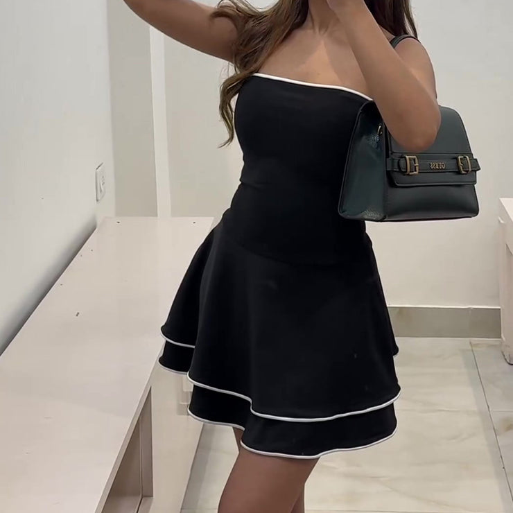 Black Sleeveless Summer/Spring Tube Dress Ruffle Skirt With White Edge Trim