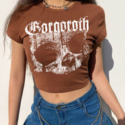 Vintage Short Sleeve T-shirt 90s Gothic Harajuku Print Pattern Crop top Skeleton Skull  Female Top