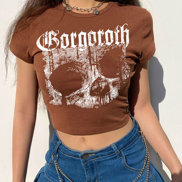 Vintage Short Sleeve T-shirt 90s Gothic Harajuku Print Pattern Crop top Skeleton Skull  Female Top