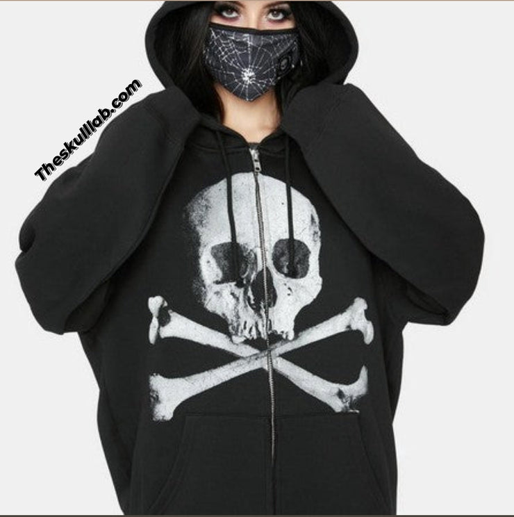 Skull & Crossbones, Loose fitting Hooded Zippered Sweater