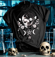 Summer Moon And Skull Black Short Sleeve T-shirt Harajuku style