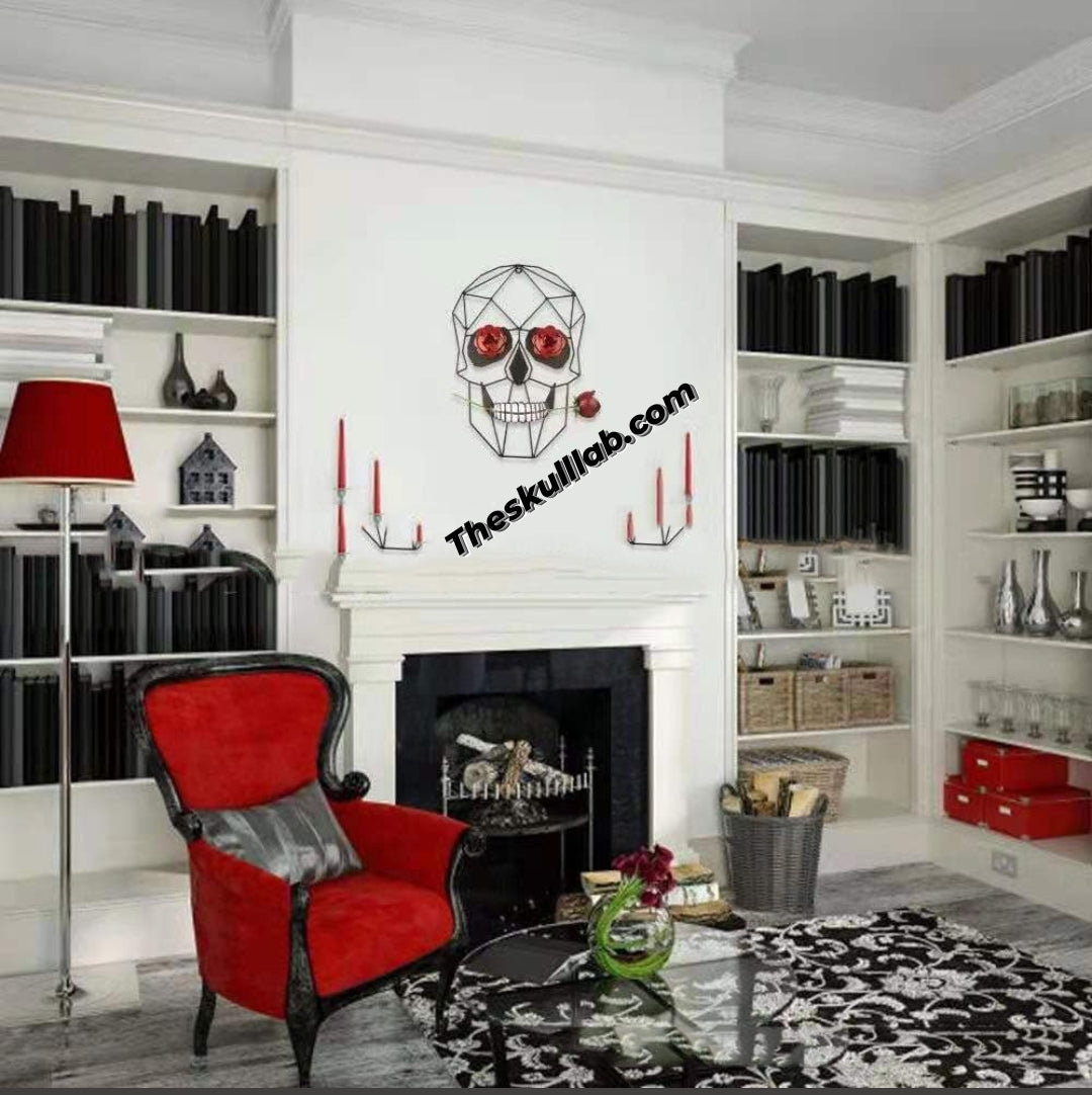 Modern 3D Wrought Iron Skull & Rose Wall Art Decor. Halloween or Anytime Creative Wall Art Sculpture For Home or Office