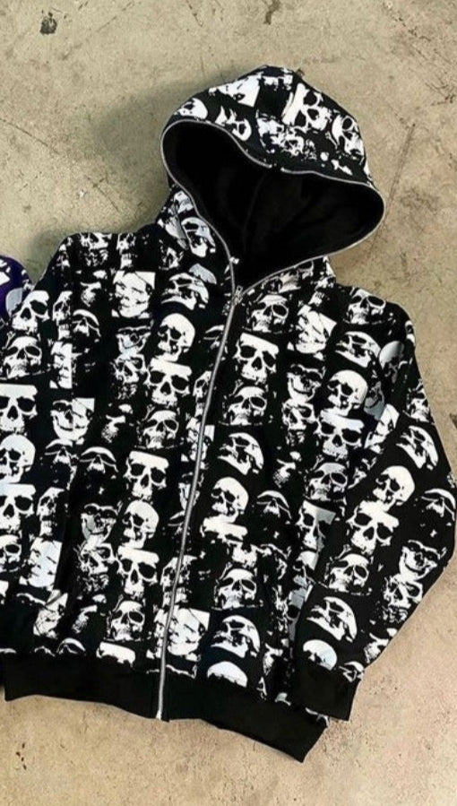 Skull Printed Zipper Sweater Stylish Streetwear in Black & White