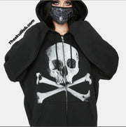 Skull & Crossbones, Loose fitting Hooded Zippered Sweater