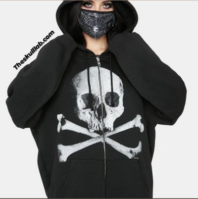 Skull & Crossbones, Loose fitting Hooded Zippered Sweater