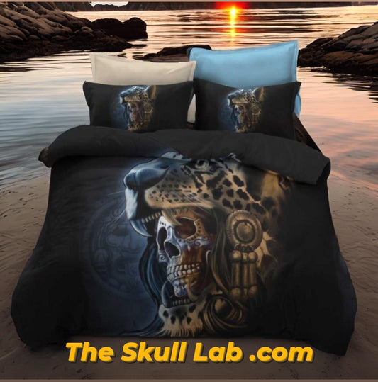 Skull in Native Mayan Headdress Bedding three piece