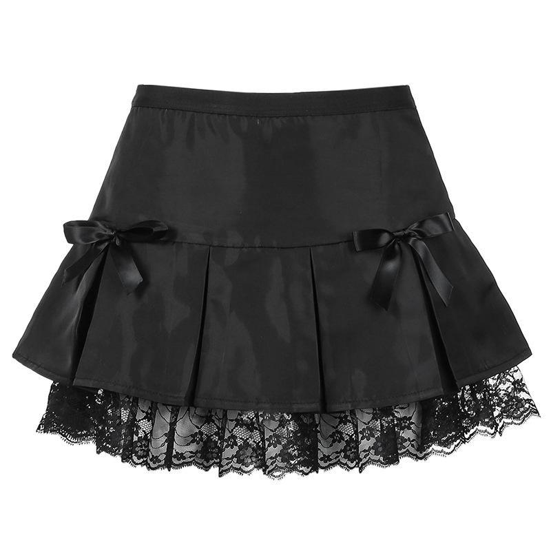 Black Goth Aesthetic Pleated Skirts Women Lace Trim Dance