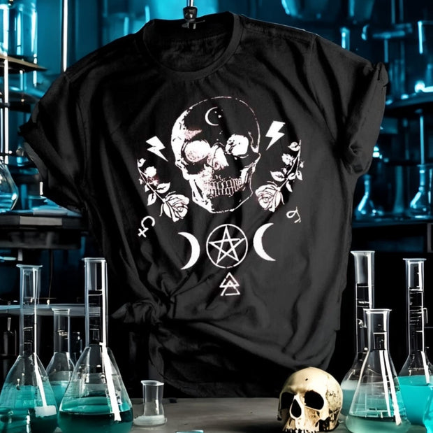 Summer Moon And Skull Black Short Sleeve T-shirt Harajuku style